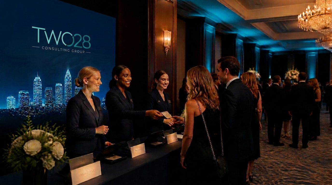 Event staff welcoming guests at a Charlotte gala check-in desk
