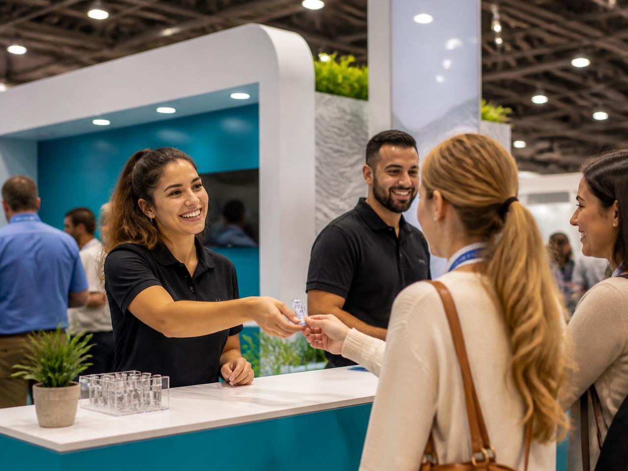 Brand ambassadors staffing a trade show activation booth